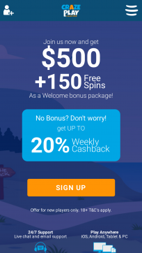 Crazeplay Casino Homepage Mobile