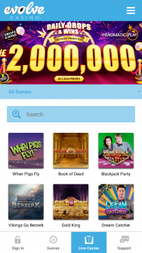 EvolveCasino Homepage Mobile