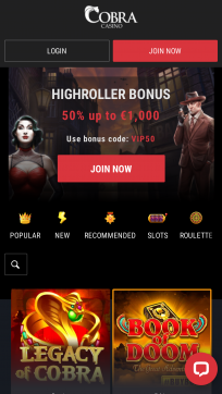 Cobra Casino Homepage Mobile