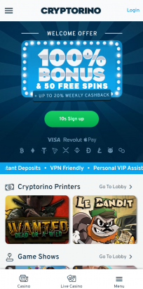 Cryptorino Casino Homepage Mobile