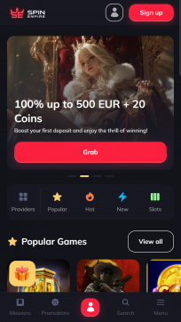 SpinEmpire Casino Homepage Mobile