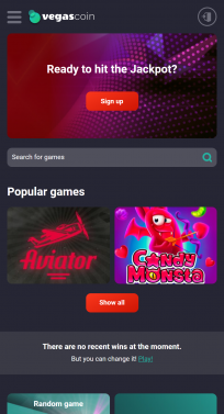 VegasCoin Casino Homepage Mobile