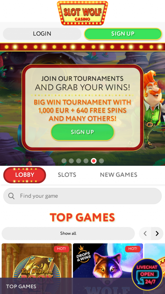 Slotwolf Casino Homepage Mobile