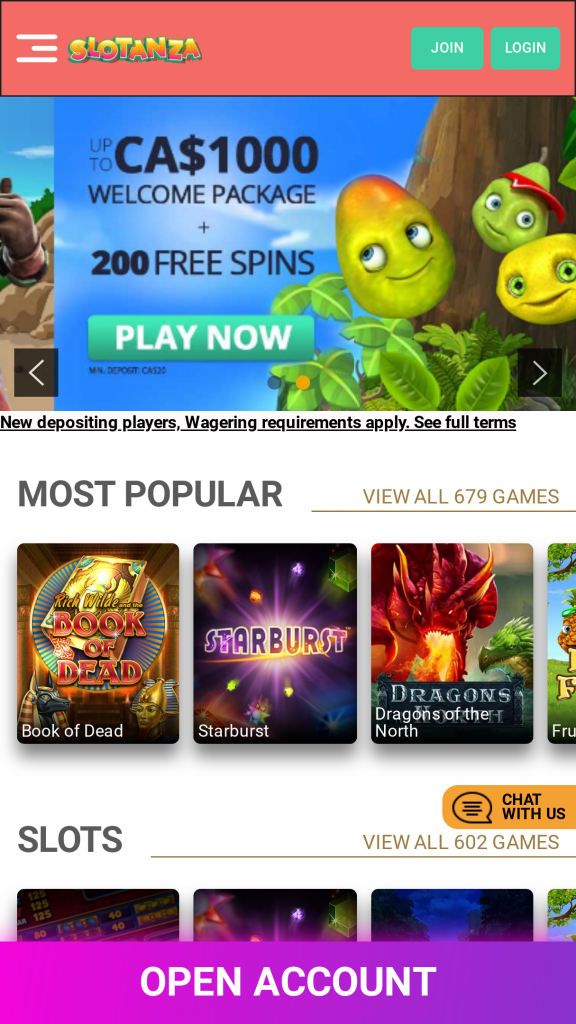 Slotanza Homepage Mobile