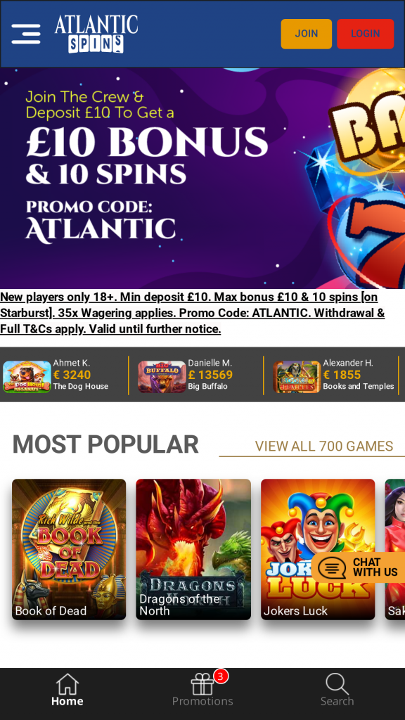 Atlantic Spins Homepage Mobile