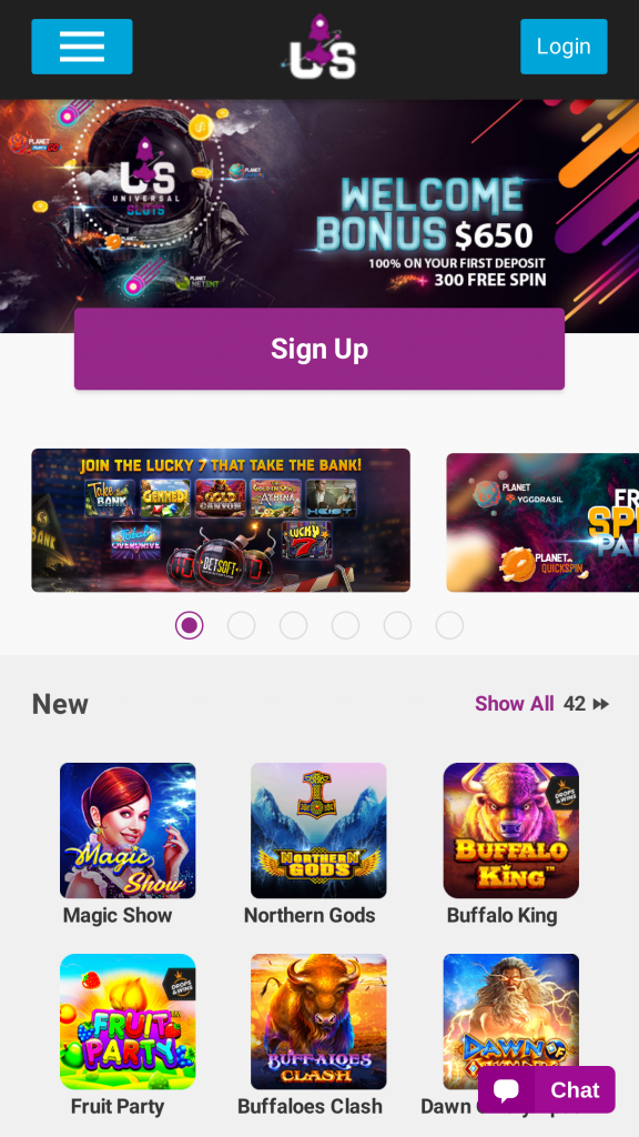 Universal Slots Homepage Mobile