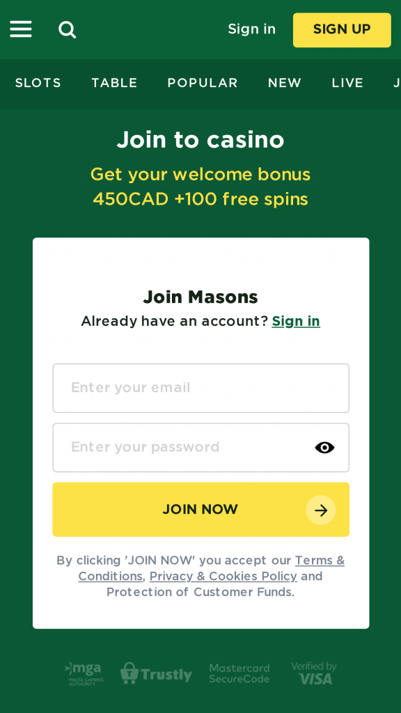 Mason Slots Homepage Mobile