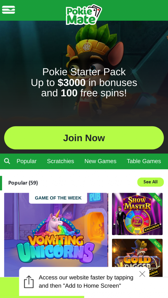 Pokie Mate Casino Homepage Mobile