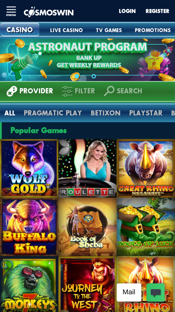 Cosmos Win Casino App Homepage Mobile