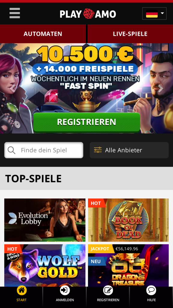 PlayAmo Homepage Mobile