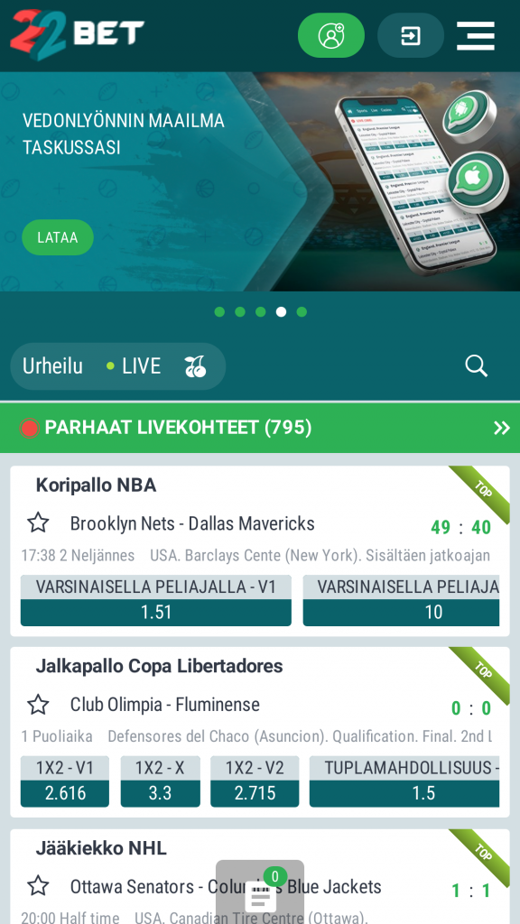 22 Bet Homepage Mobile