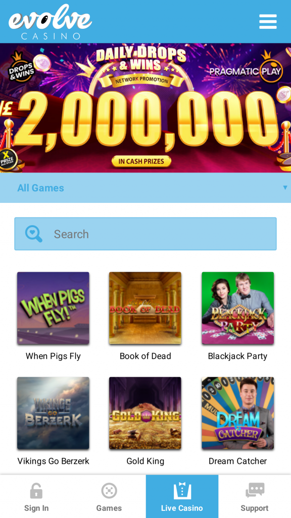 EvolveCasino Homepage Mobile