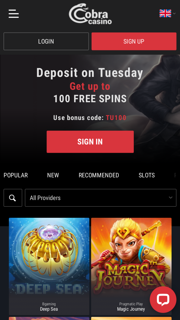 Cobra Casino Homepage Mobile