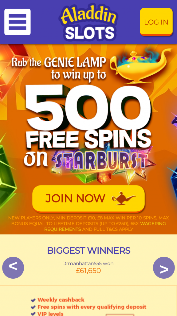 Aladdin Slots Homepage Mobile