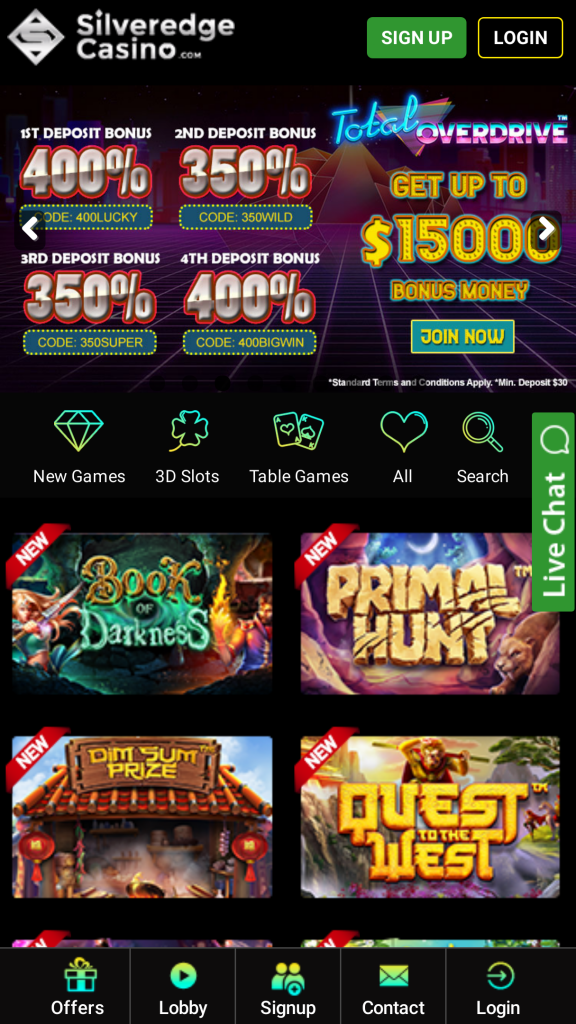 Silveredge Casino Homepage Mobile