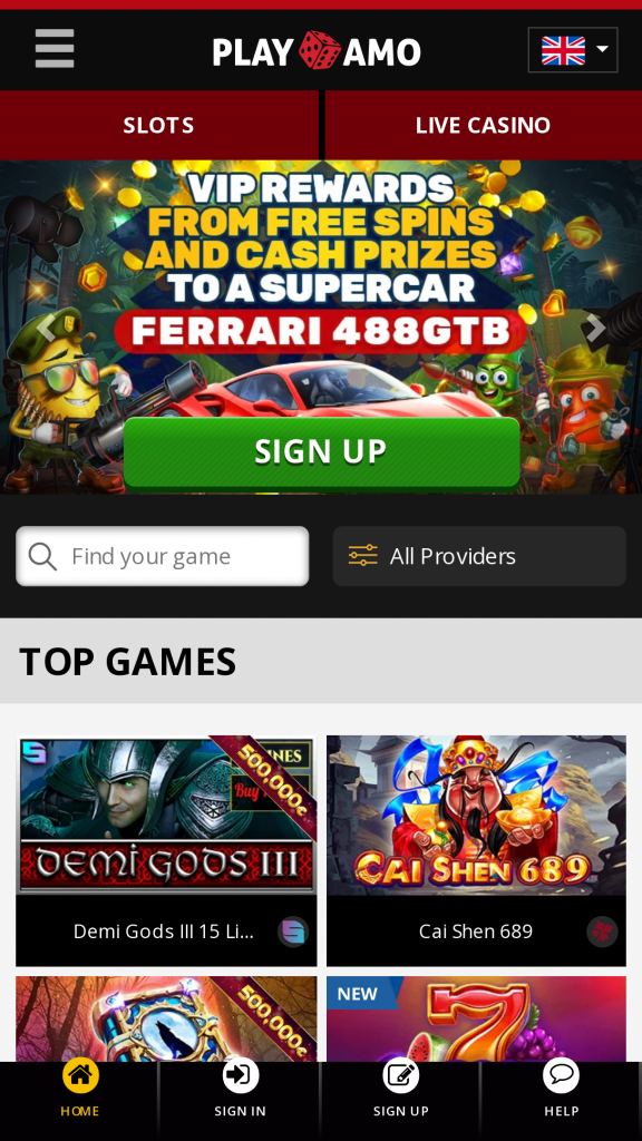 PlayAmo Homepage Mobile