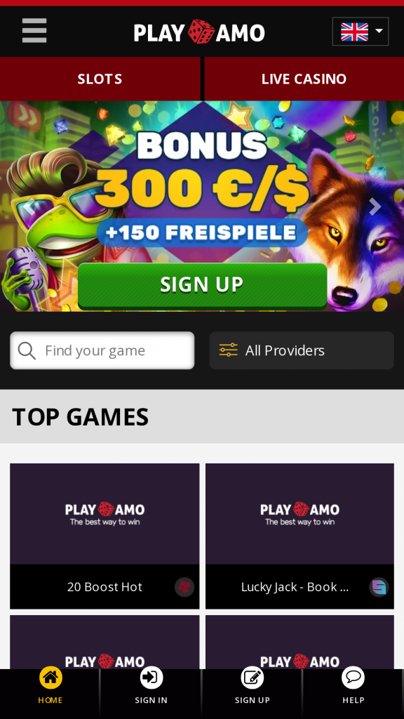 PlayAmo Homepage Mobile