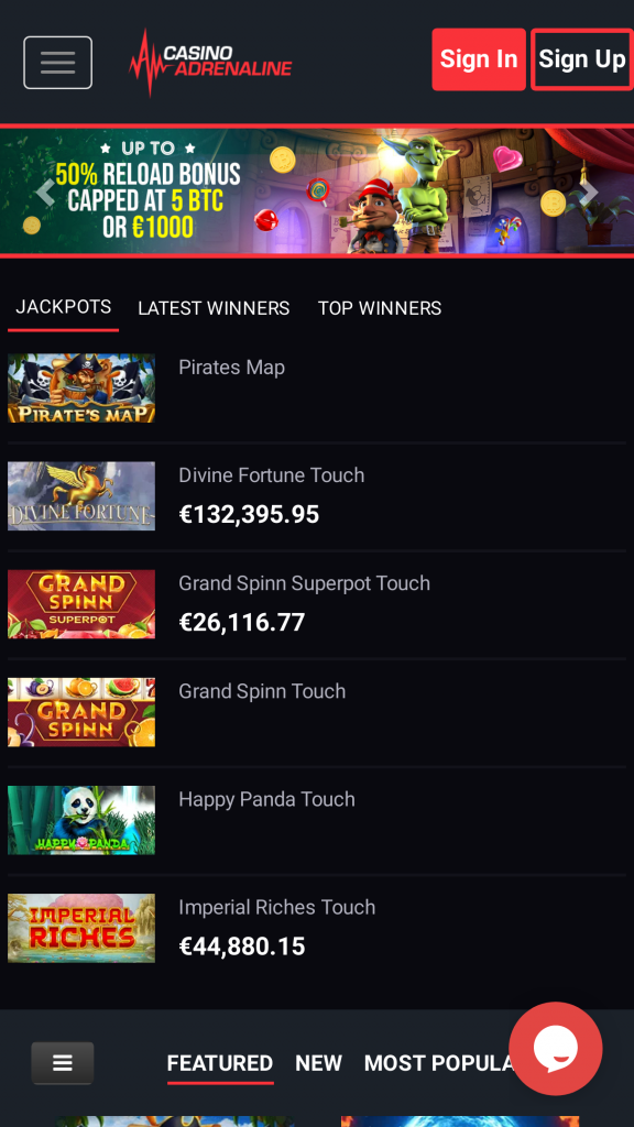 Casino Adrenaline Homepage Mobile