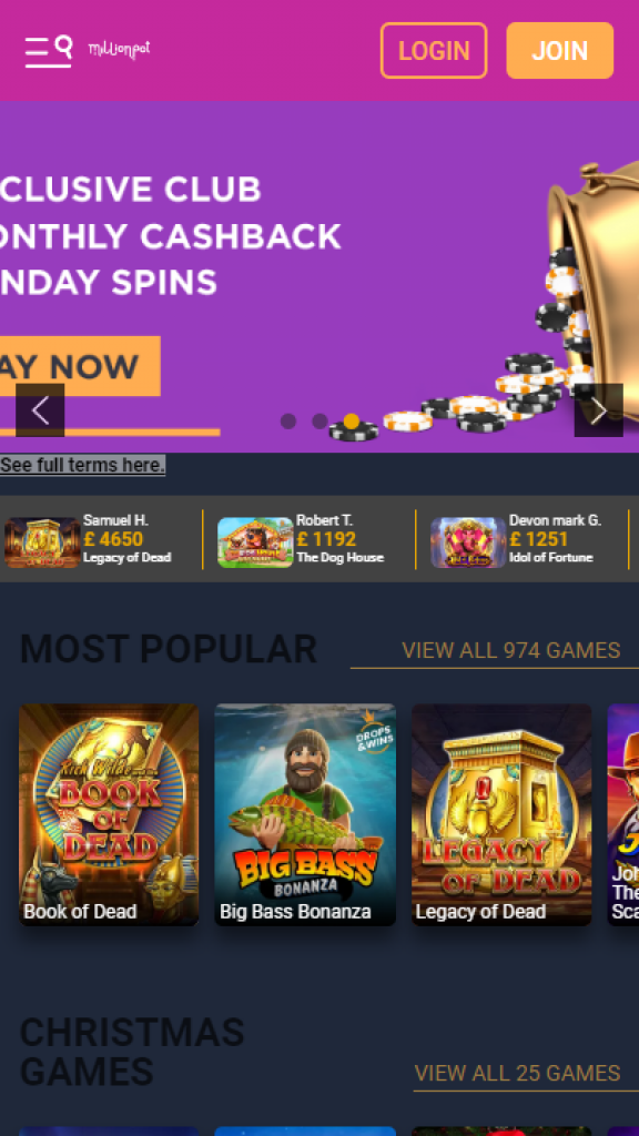 Millionpot Homepage Mobile