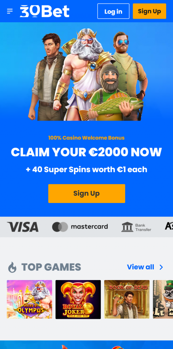 30Bet Homepage Mobile