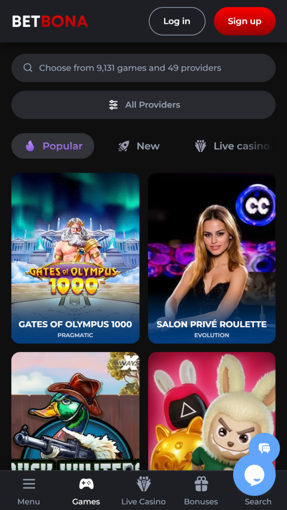 BetBona Casino Homepage Mobile