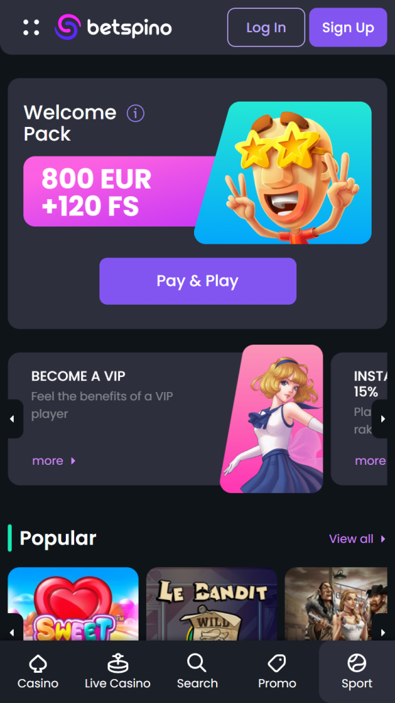Betspino Casino Homepage Mobile