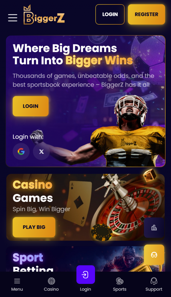 BiggerZ Casino Homepage Mobile