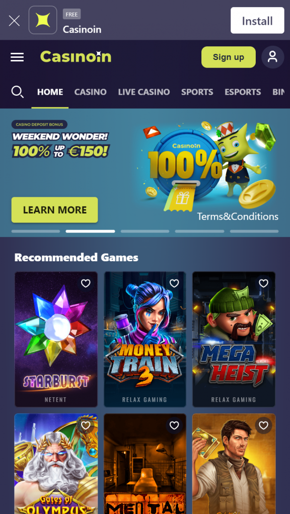 Casinoin Homepage Mobile
