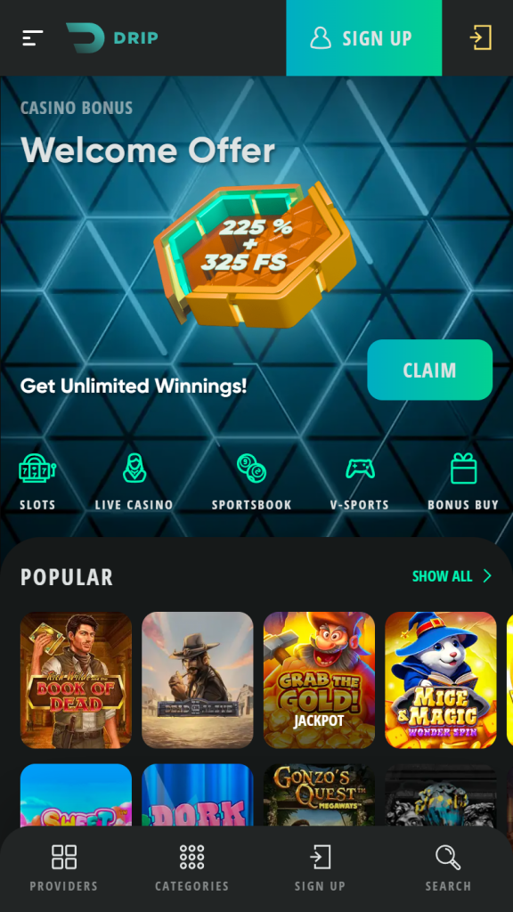 Drip Casino Homepage Mobile