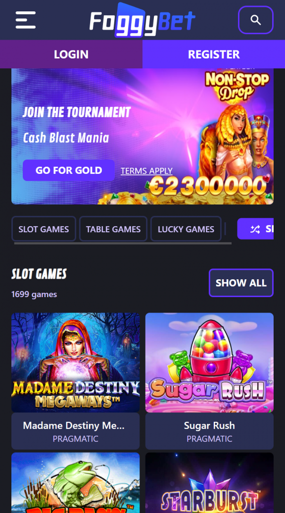 FoggyBet Homepage Mobile