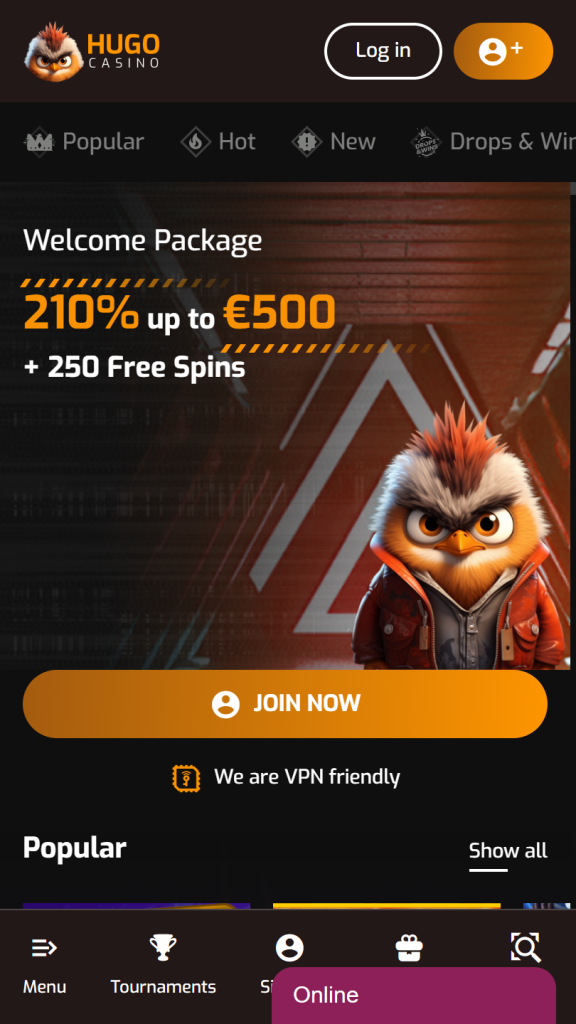 HugoCasino Homepage Mobile