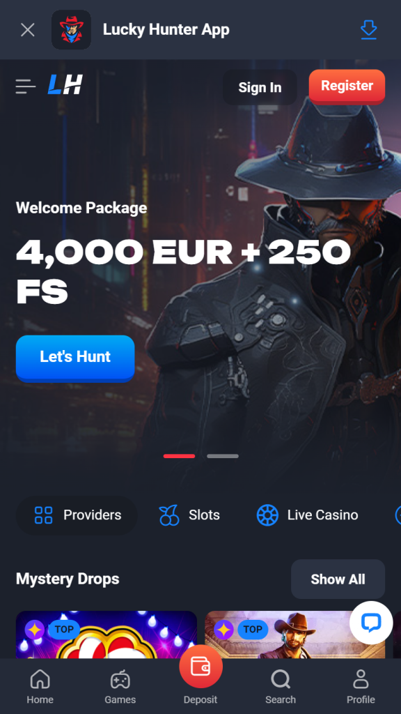 LuckyHunter Homepage Mobile