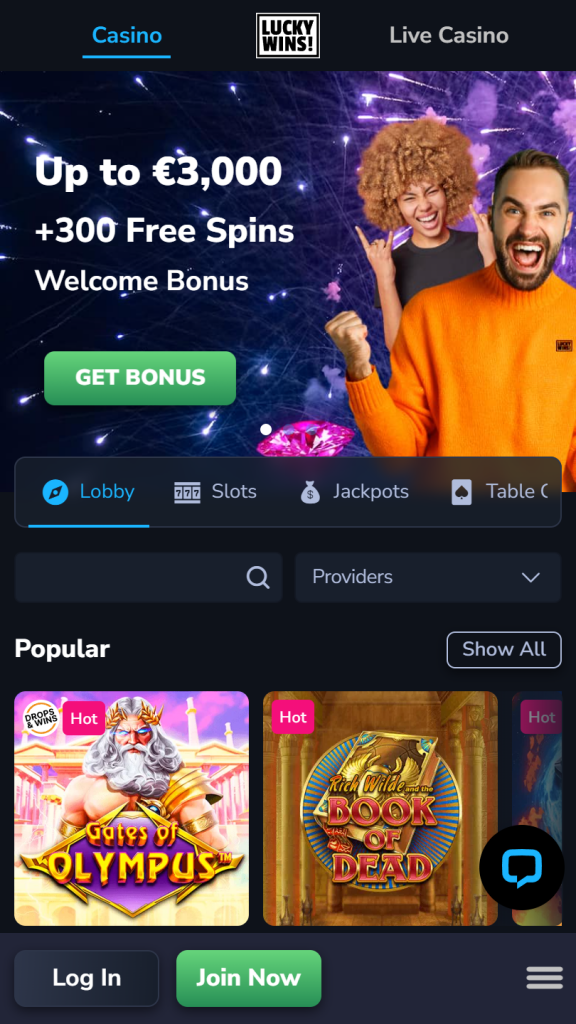LuckyWins Casino Homepage Mobile