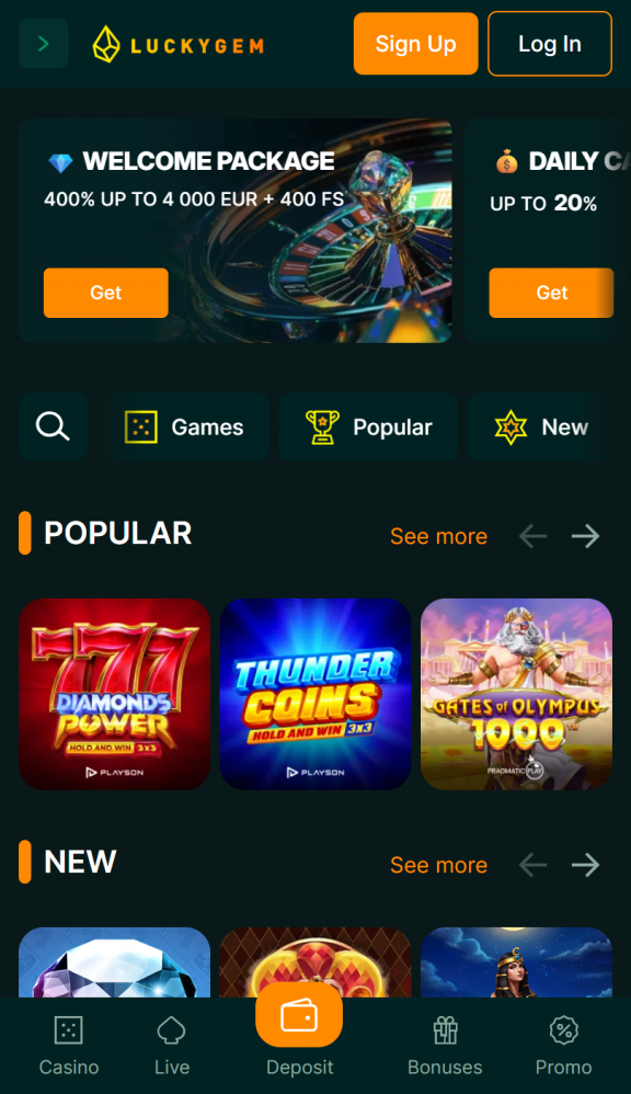 Luckygem Casino Homepage Mobile