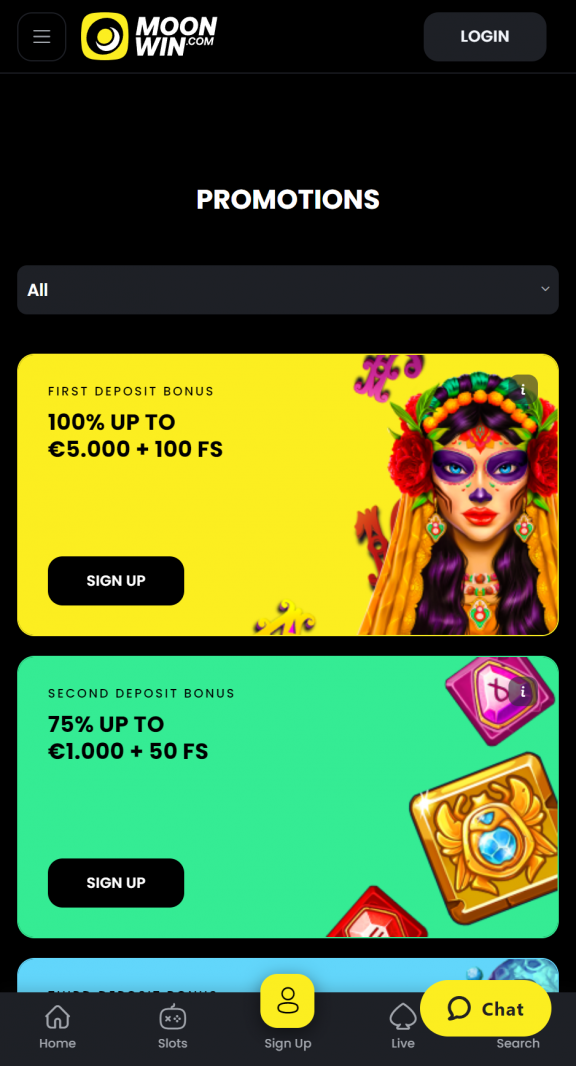 MoonWin Casino Homepage Mobile