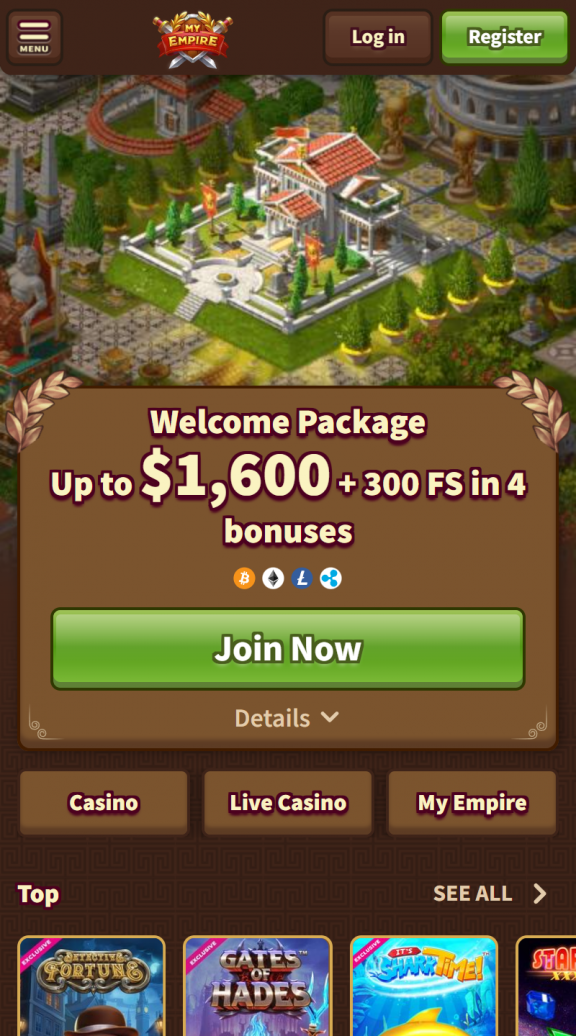 MyEmpire Casino Homepage Mobile