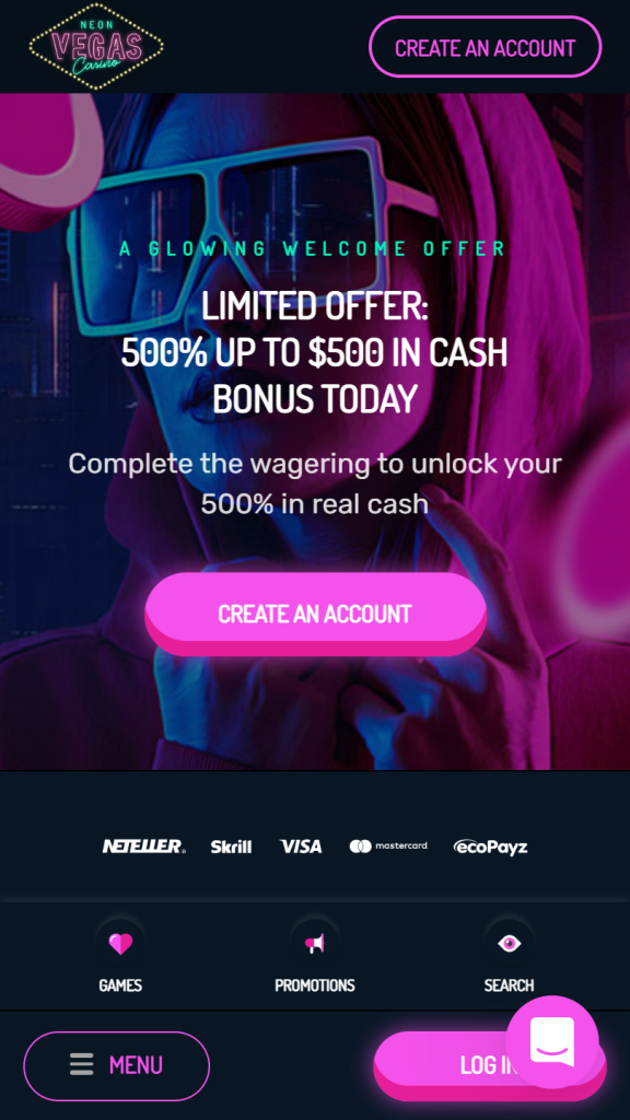 NeonVegas Casino Homepage Mobile