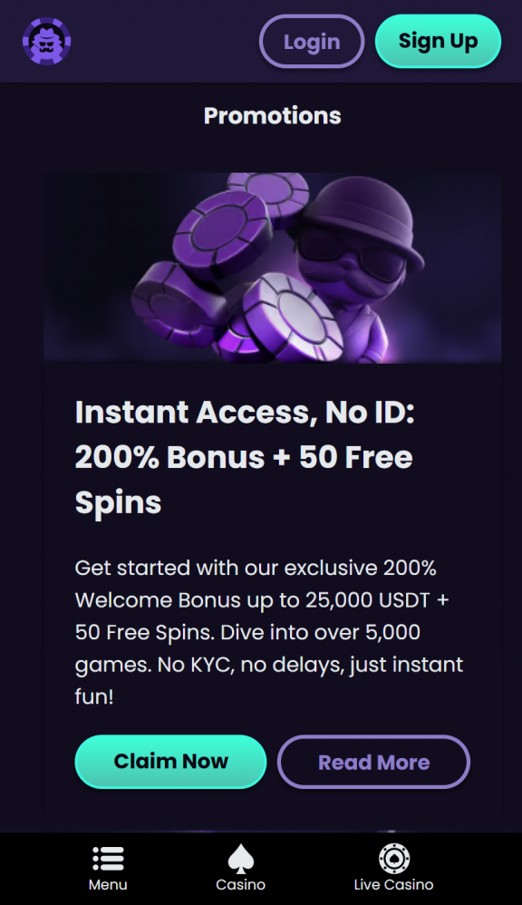 NoKYC Casino Homepage Mobile