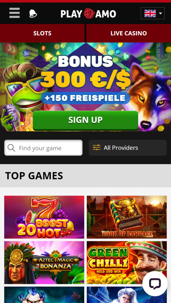 PlayAmo Homepage Mobile