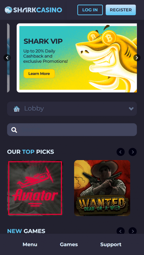 SharkCasino Homepage Mobile