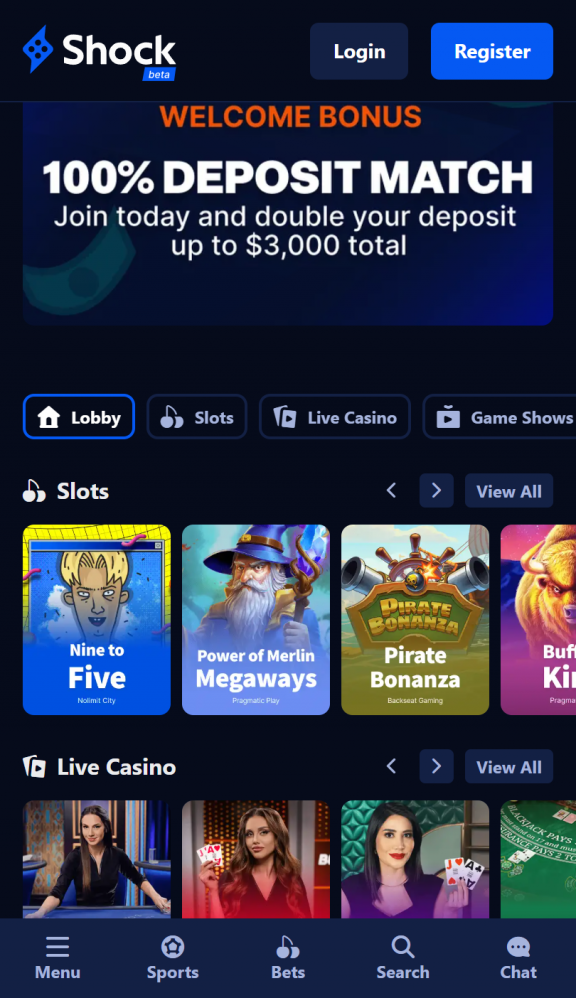 Shock Casino Homepage Mobile