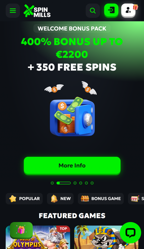 SpinMills Casino Homepage Mobile