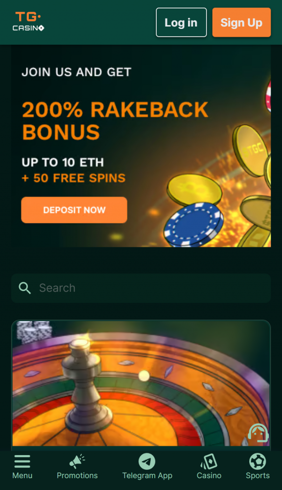 TG Casino Homepage Mobile