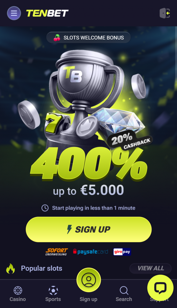 TenBet Homepage Mobile