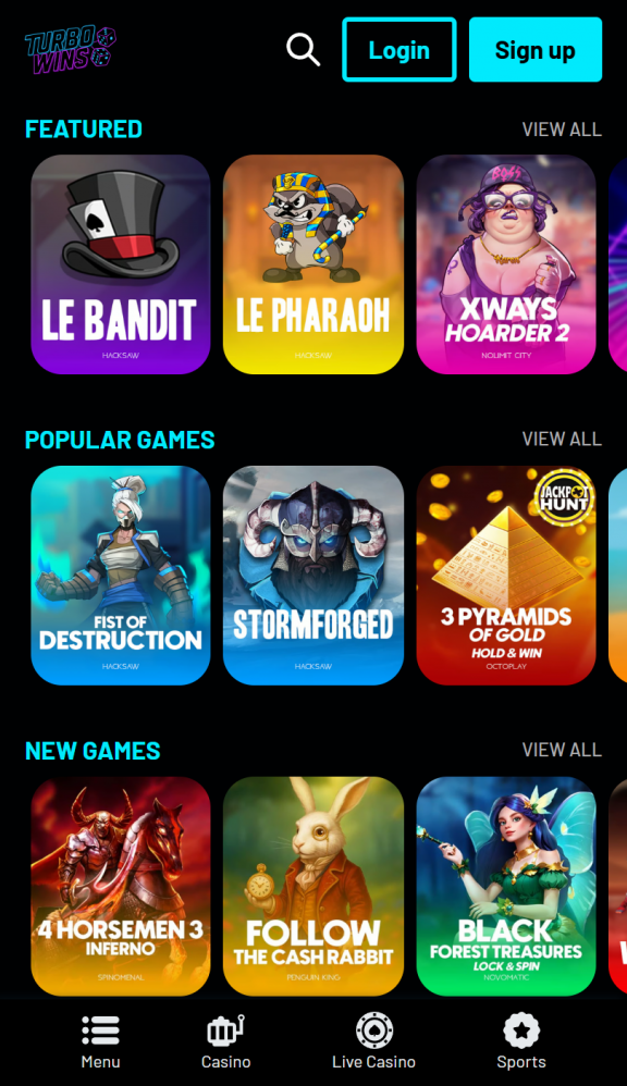 Turbo Wins Casino Homepage Mobile