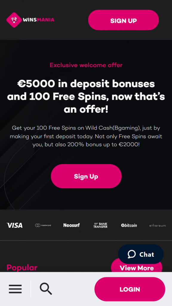Winsmania Casino Homepage Mobile