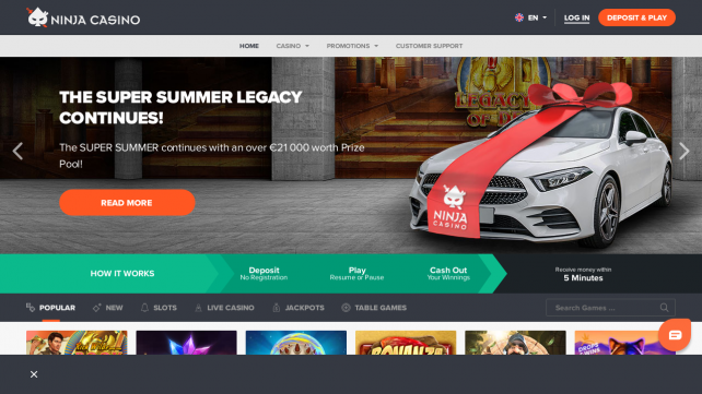Ninja Casino Homepage Desktop