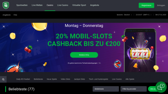 Bet90 Casino Homepage Desktop