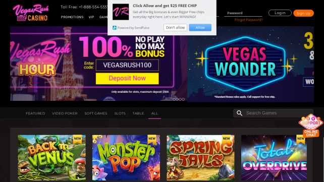 Vegasrush Casino Homepage Desktop