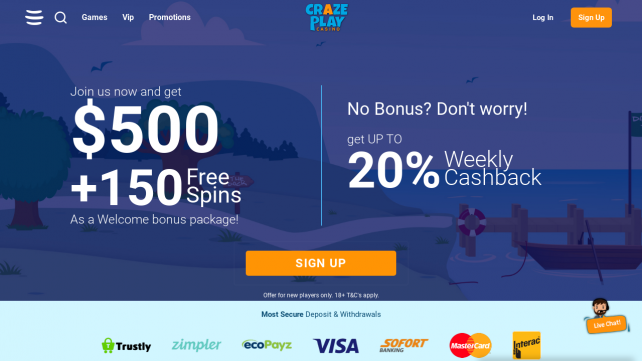 Crazeplay Casino Homepage Desktop